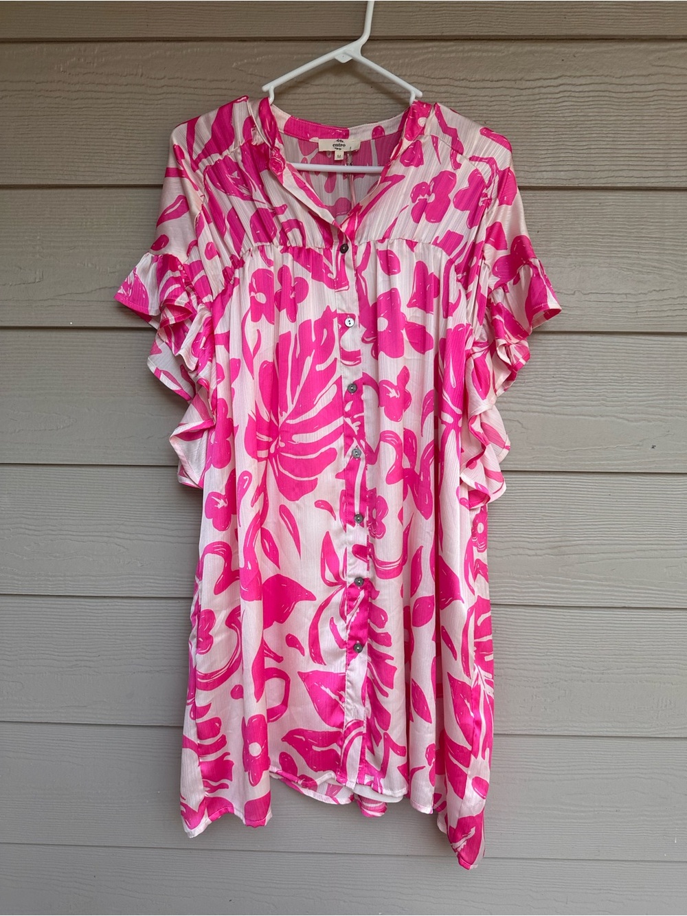 Entro Pink & White Lined Floral Button Down Dress Ruffled Shoulders Size M (C24)